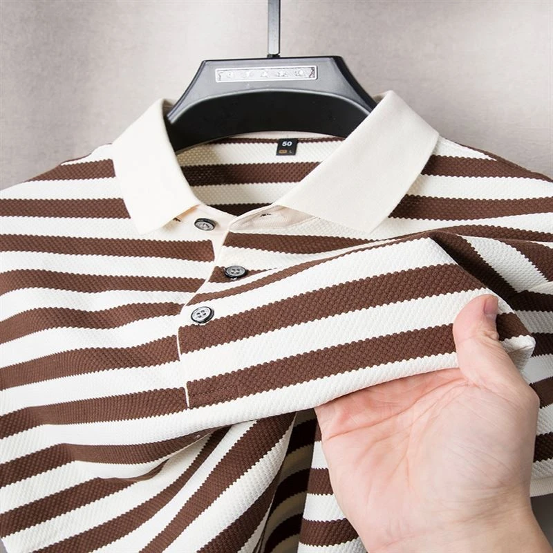 DEDUCE~高档品质！夏季条纹撞色休闲商务宽松百搭短袖POLO衫男士