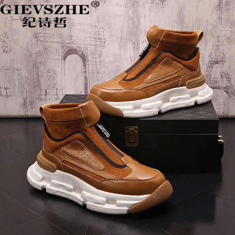 纪诗哲高筒鞋男轻奢高端秋冬马丁靴潮流厚底增流光风男士增高厚底