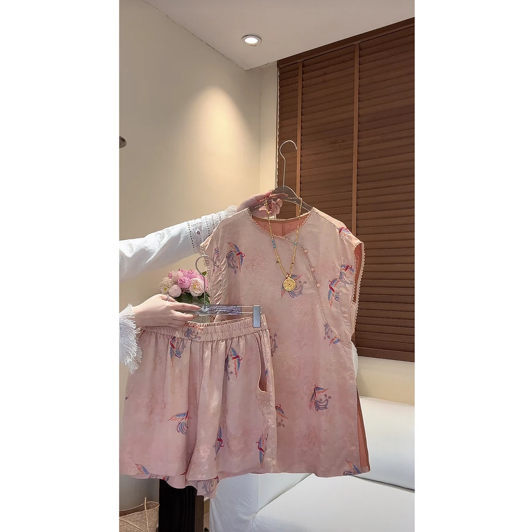 “祺愿”2025新款粉色新中式国风飞飞袖上衣背心T恤短裤套装