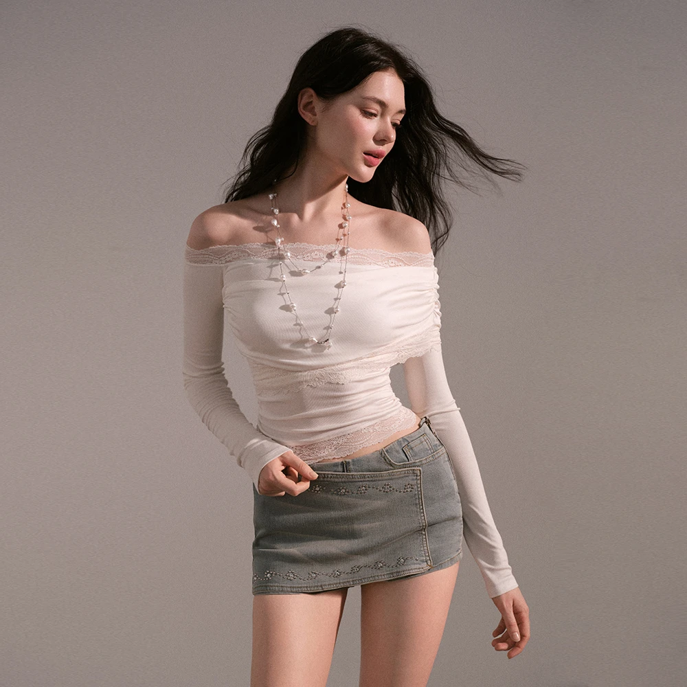 Mess Studio辣妹醋酸长袖蕾丝边白色纯欲不规则一字肩上衣女