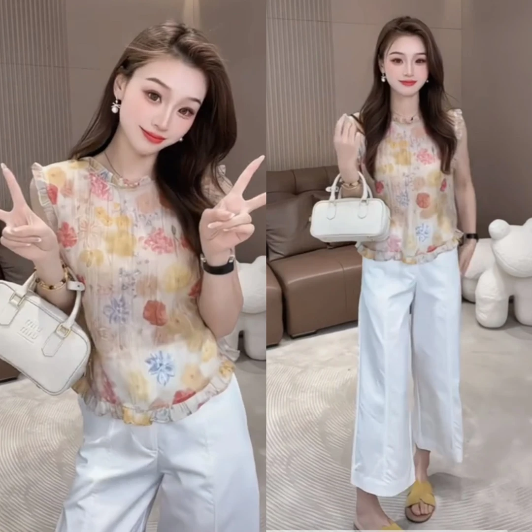 2025夏季超好看无袖碎花小衫+九分阔腿裤两件套女装时尚减龄套装