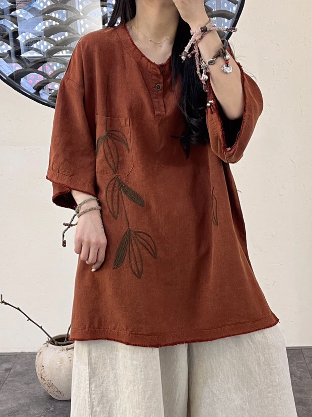 亚麻T恤衫女 春夏新款 文艺复古宽松大版显瘦印花休闲中长款衬衫