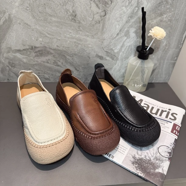 复古牛皮软底舒适浅口单鞋女2025新款休闲百搭真皮妈妈鞋手工女鞋