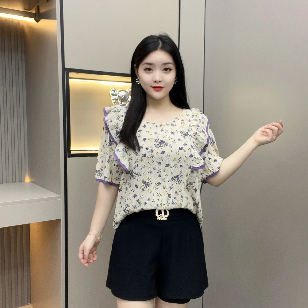 2025夏季新款小清晰碎花短袖花边设计大码时尚印花遮肉显瘦