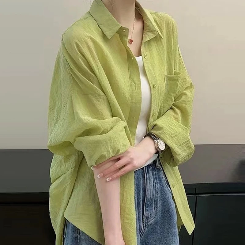 2208绿色薄款防晒衬衫外套女夏新款法式高级感衬衣设计感小众上衣