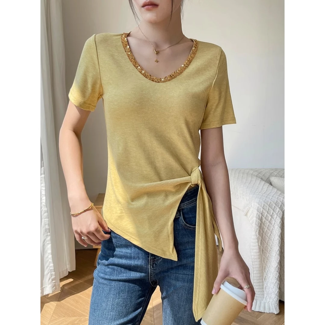 女士短袖t恤夏季黄色不规则打底衫内搭亮片拼接系带v领上衣时尚感