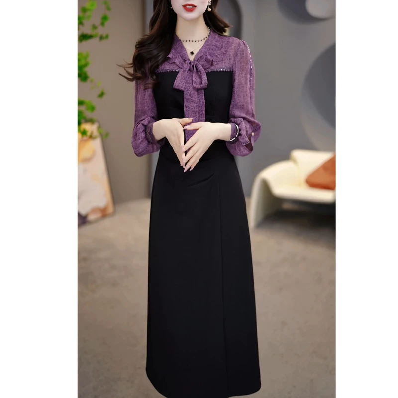 时尚假两件拼接气质长袖连衣裙女春秋法式撞色收腰修身裙子