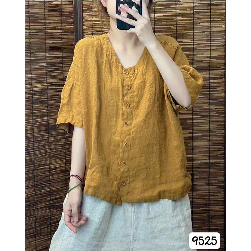 屿麻 希哦新品纯亚麻V领短袖衬衫防晒开衫夏季宽松复古休闲上衣