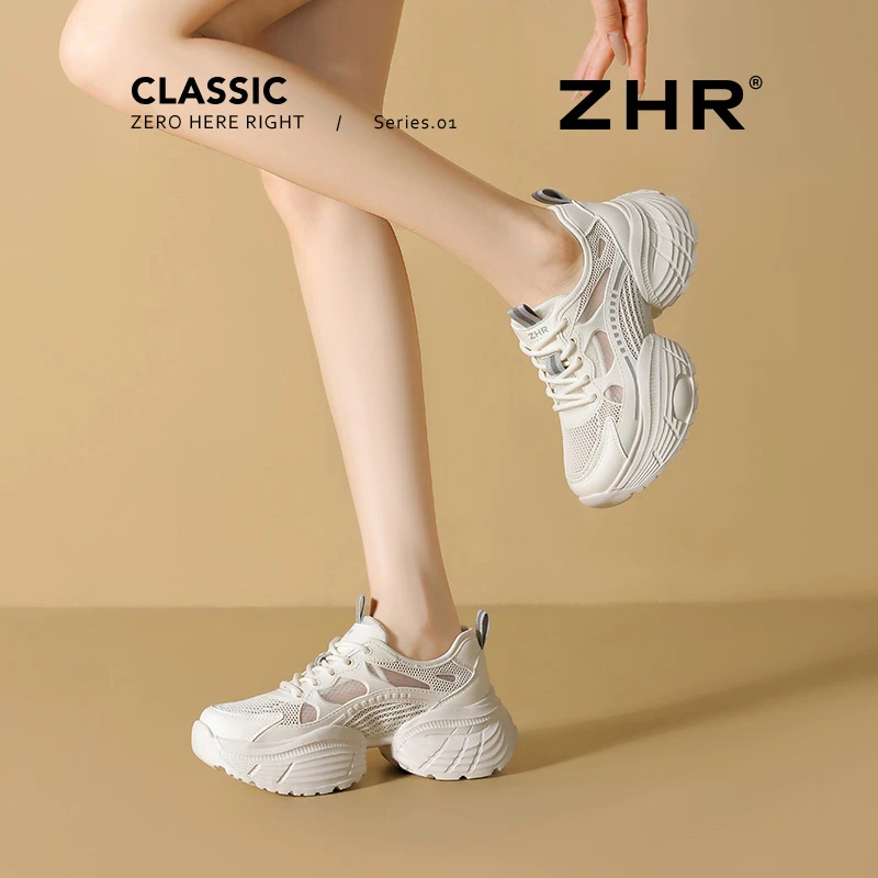 ZHR网面老爹鞋女2025夏季新款透气百搭厚底女鞋镂空休闲运动凉鞋