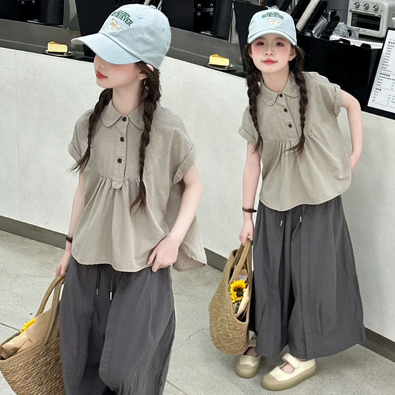 女童夏款套装2025新款儿童短袖衬衫中大童裙裤夏装韩系棉布两件套