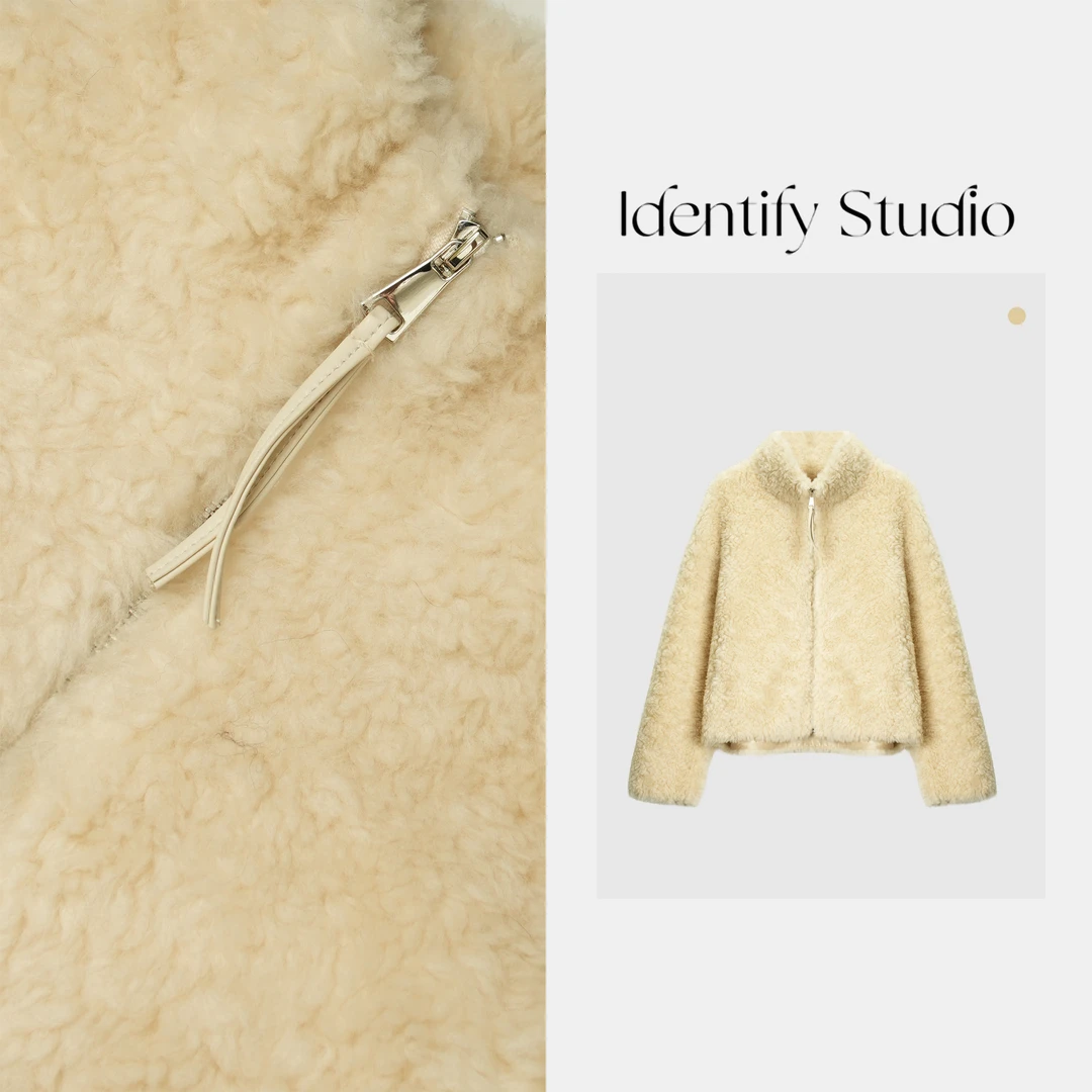 IDENTIFY冬季新款经典纯色毛绒羊毛立领外套25AWg101221