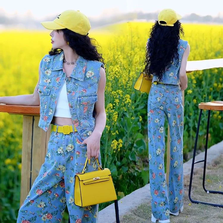 洋气小清新碎花牛仔套装女夏季新品短款无袖上衣气质阔脚裤两件套