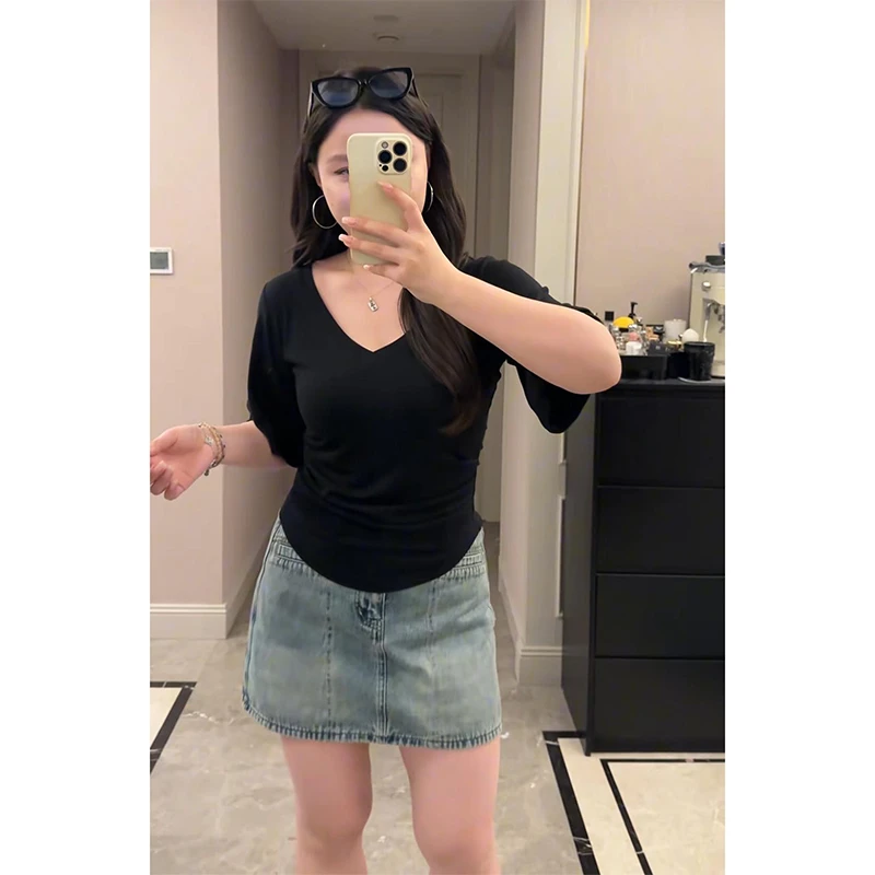 大码慵懒风v领蝙蝠短袖t恤女夏季胖mm显瘦宽松正肩设计感气质上衣