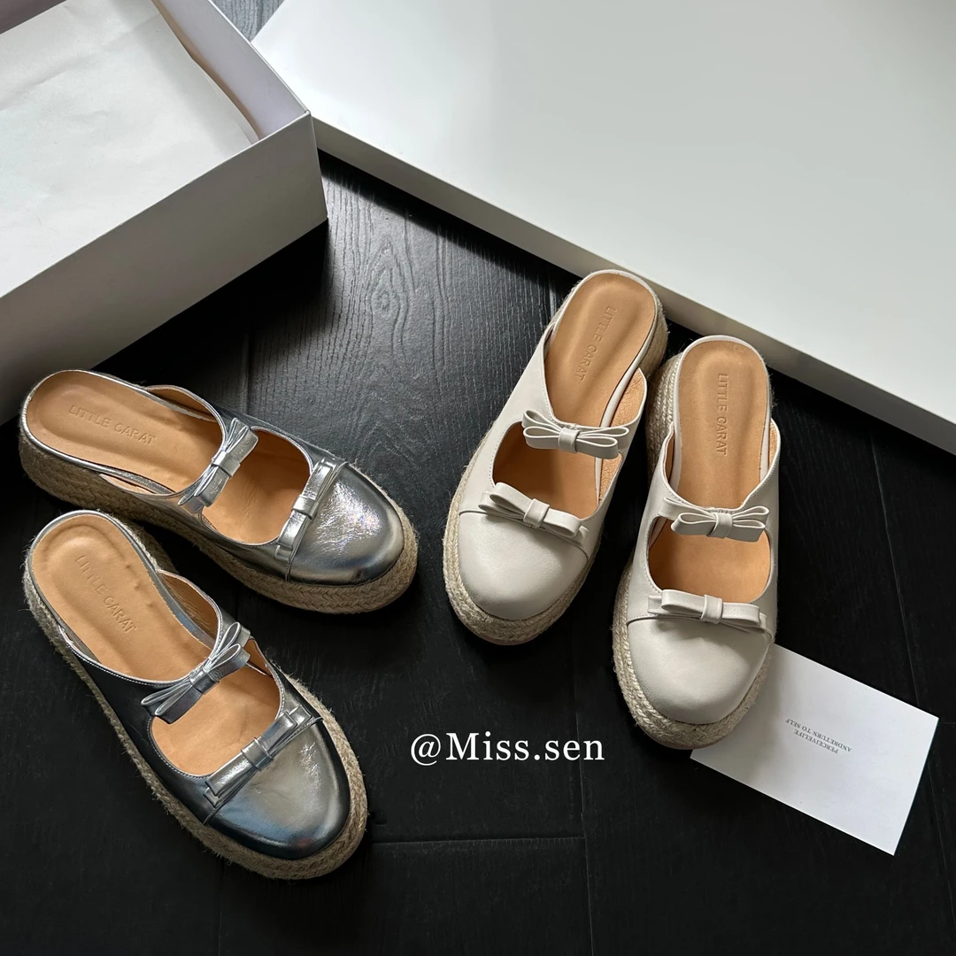 5cm牛皮包头中跟镂空蝴蝶结25厚底包头拖百搭凉拖半拖夏季女