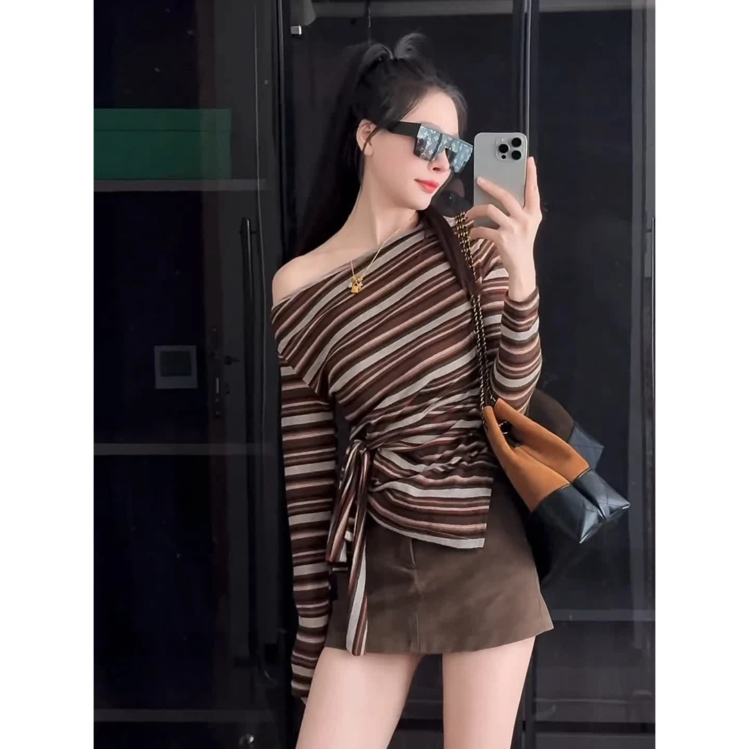 不规则一字肩条纹长袖T恤女秋季新款系带打底衫韩系别致绝美上衣