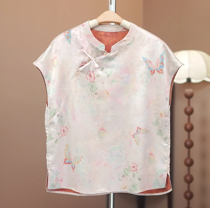 【彩蝶】新中式过分夏季提花复古印花马甲小衫高级感短袖气质显瘦