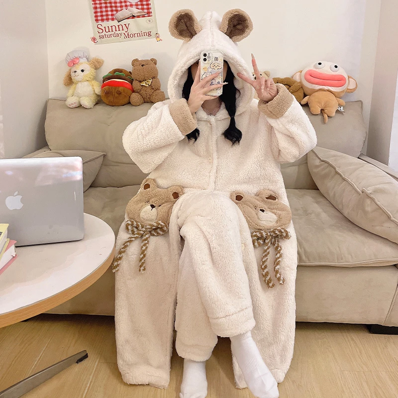 芯语婷秋冬季新款杏色小熊法兰绒睡衣女士加厚保暖卡通甜美家居服