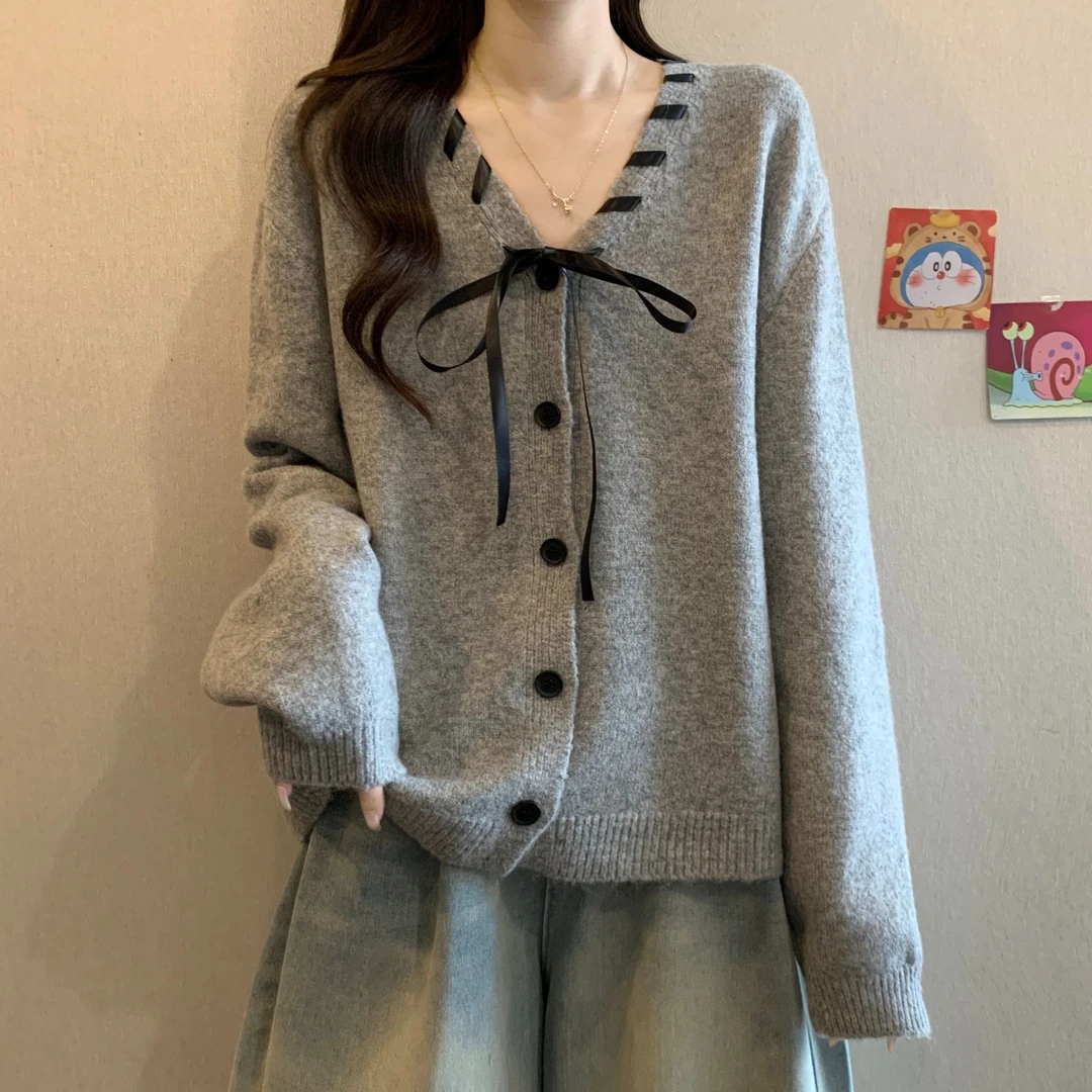 大码遮肚子慵懒风系带V领开衫毛衣女春秋微胖MM宽松显瘦上衣外套