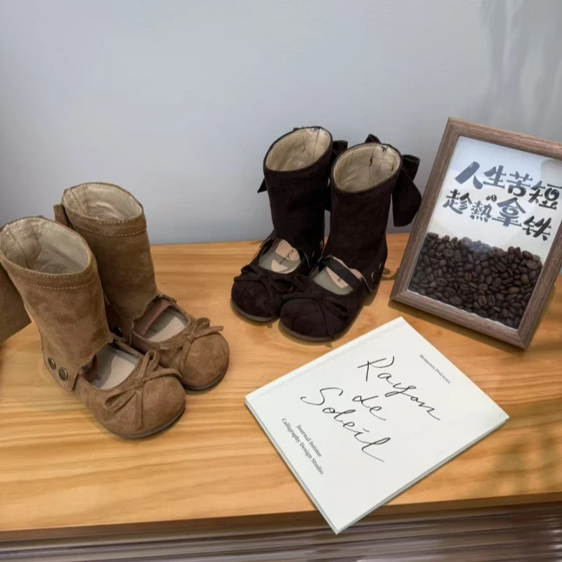 一鞋两穿韩版女童中筒靴可拆卸小女孩蝴蝶结芭蕾舞单鞋儿童靴子