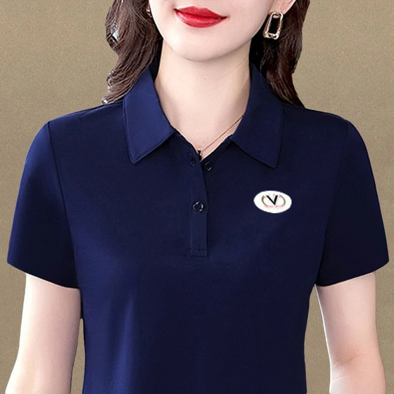 A30深蓝色时尚百搭polo领短袖t恤女夏装宽松显瘦休闲运动纯色翻领
