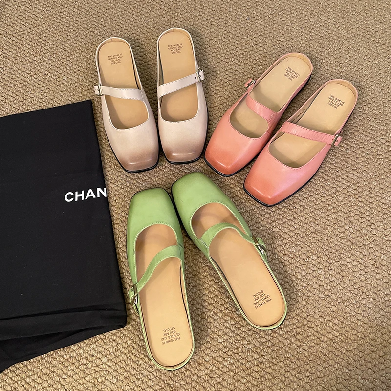 包头平跟韩版真皮一字带包头拖方头夏季法式春夏凉拖半拖外穿