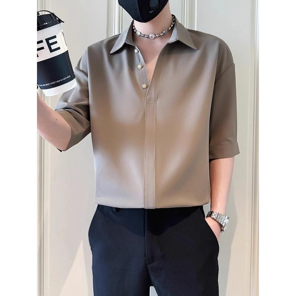 夏季薄款落肩冰丝五分袖衬衣短袖男生潮流高级感宽松休闲百搭上衣