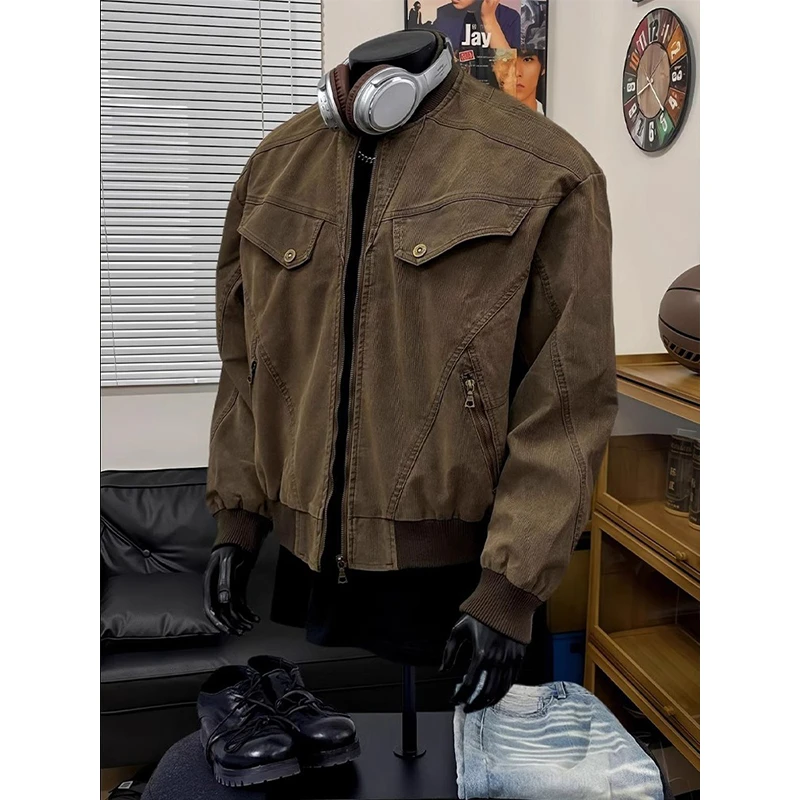 cleanfit棕色短款工装夹克外套男春秋美式复古高级感哈灵顿棒球服