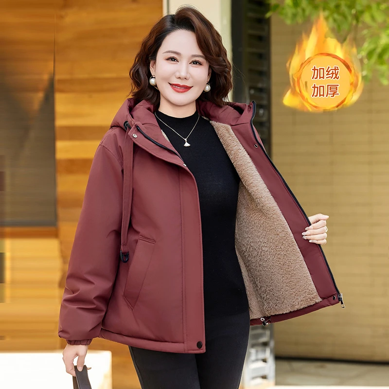 妈妈冬装外套加绒加厚2025新款连帽派克服中老年女装秋冬时尚棉衣