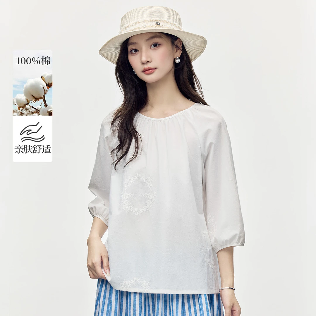 【欧若智性风】春季纯棉法式泡泡袖中袖衬衣气质时尚刺绣白衬衫