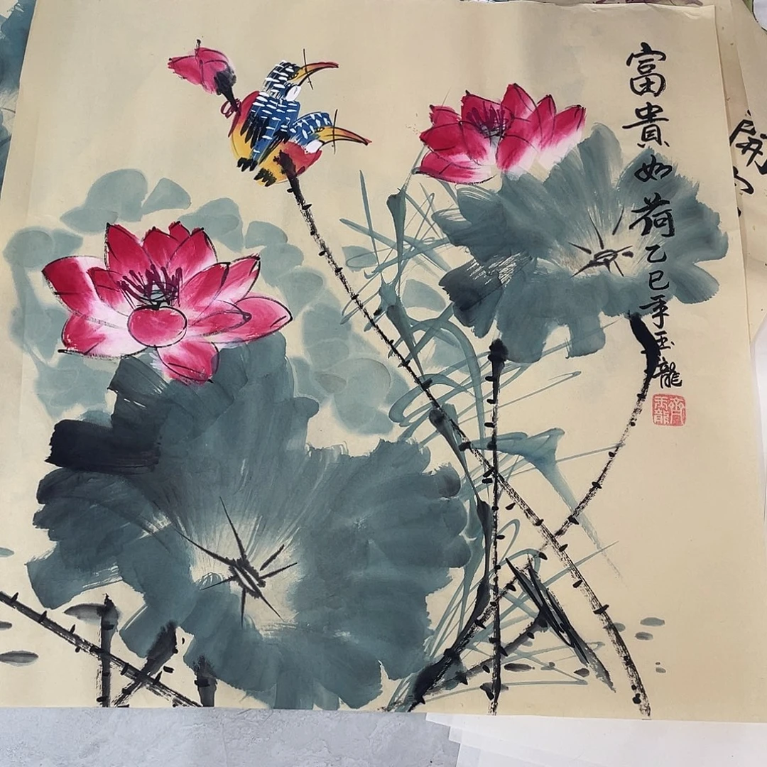 国画国画作品书法作品原稿荷花鸟