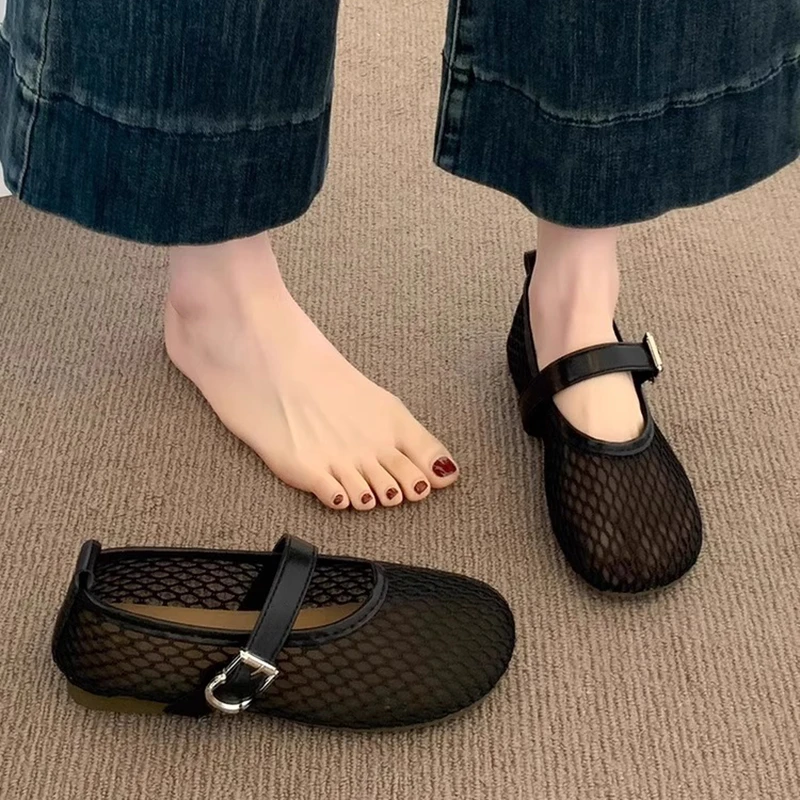 好看渔网鞋网面透气镂空网鞋小单鞋女2025新款夏季芭蕾包头凉鞋