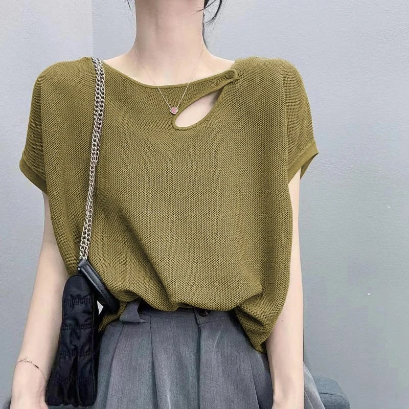 2025夏季新款小众设计感镂空套头针织冰丝T恤通勤风简约百搭上衣