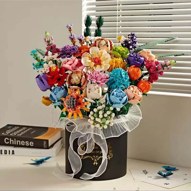 玫瑰花向日葵花束手工仿真永生花抱抱桶拼装积木摆件女生节日礼物