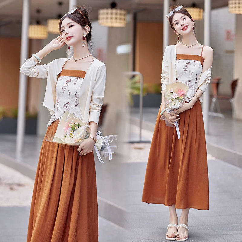 新中式复古2025三件套装春秋夏季裙子时髦小姨风洋气气质休闲百搭