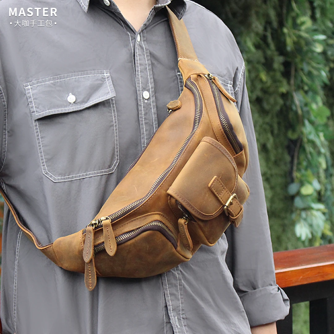 疯马牛皮真皮胸包斜挎单肩包腰包男款复古休闲头层牛皮潮流型男包