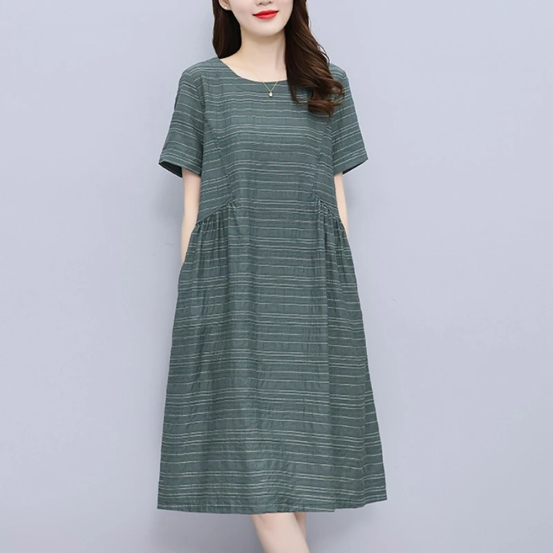 夏季中长裙中腰条纹棉麻连衣裙气质夏装时尚妈妈宽松女装长裙休闲