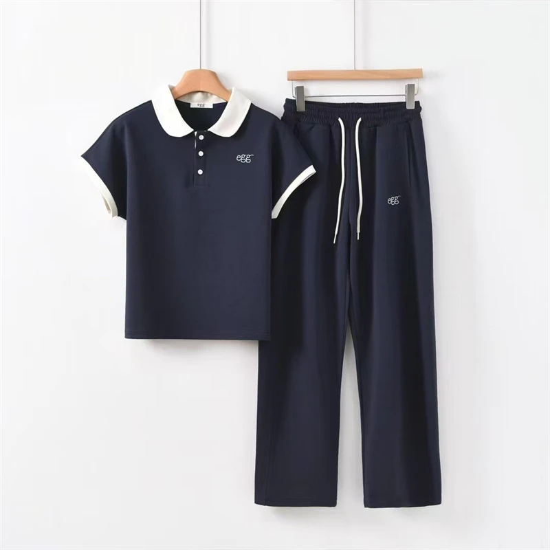 2025初夏新款纯色POLO领刺绣字母纽扣时尚舒适百搭休减龄套装