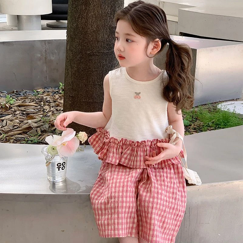 女童夏装套装2025新款洋气儿童无袖背心女宝宝格子阔腿裤两件套潮