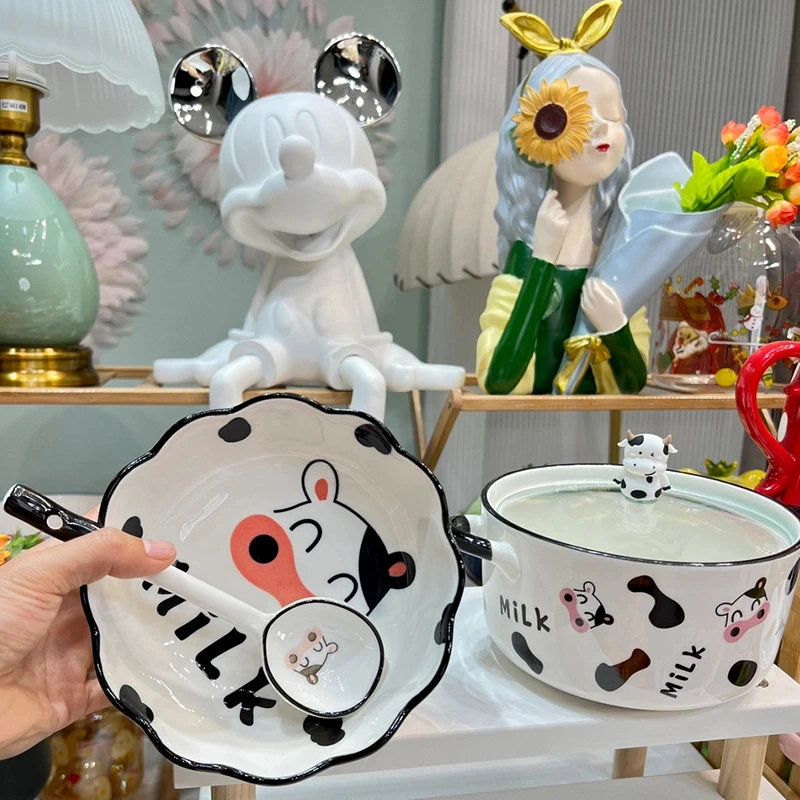 3件套【泡面碗带盖+花边碗+勺】奶牛陶瓷双耳泡面碗学生宿舍吃饭碗