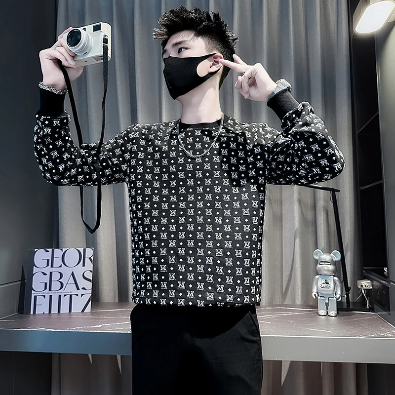 提花卫衣男款春秋季潮牌男生衣服内搭打底衫2025新款长袖圆领上衣