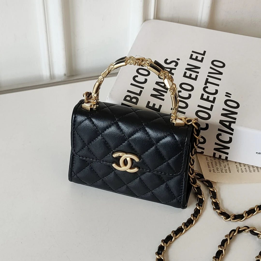 95新 Chanel/香奈儿 22B黑金羊皮珐琅手柄kellymini斜挎包49665