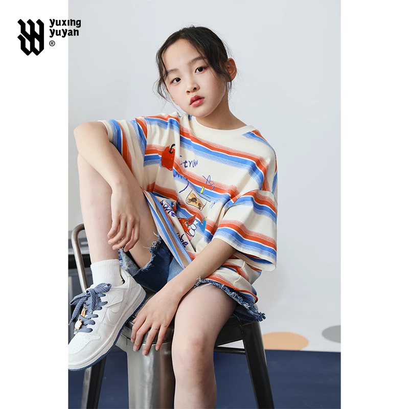 雨星雨嫣女童短袖T恤洋气条纹2025夏季新款儿童休闲简约百搭童44