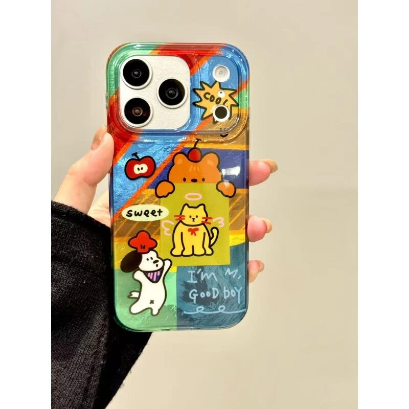 童趣可爱苹果拼色小狗适用iPhone17promax苹果16pro手机壳15新款