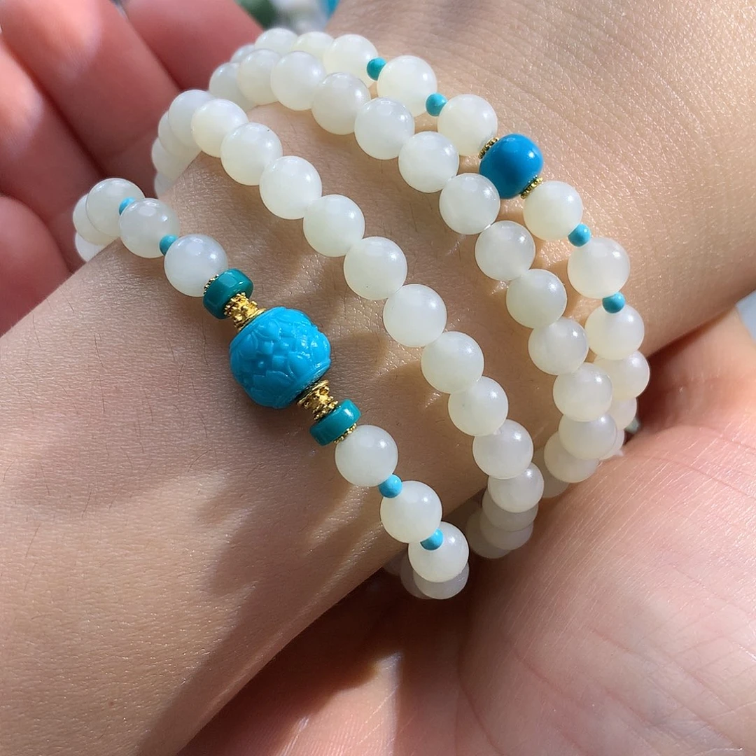 和田玉18K金镶嵌手串白玉多圈手串