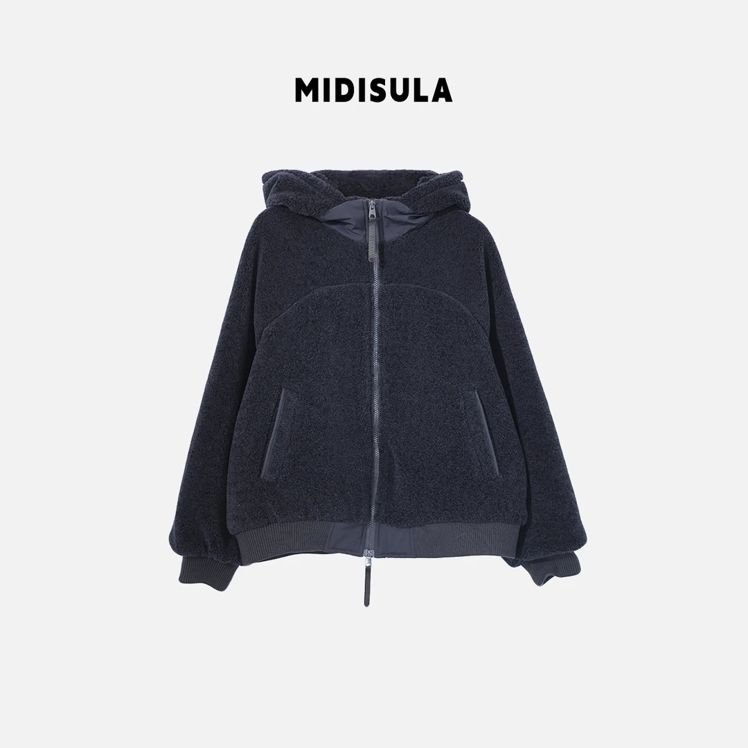 【H.MDSL】休闲袖标加绒羊毛卫衣冬连帽双拉链短外套#2158圆线纹