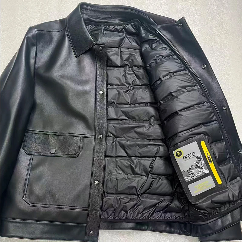 LUBAO/陆堡真皮皮衣头层绵羊皮可拆卸白鹅绒内胆纽扣翻领男款冬款