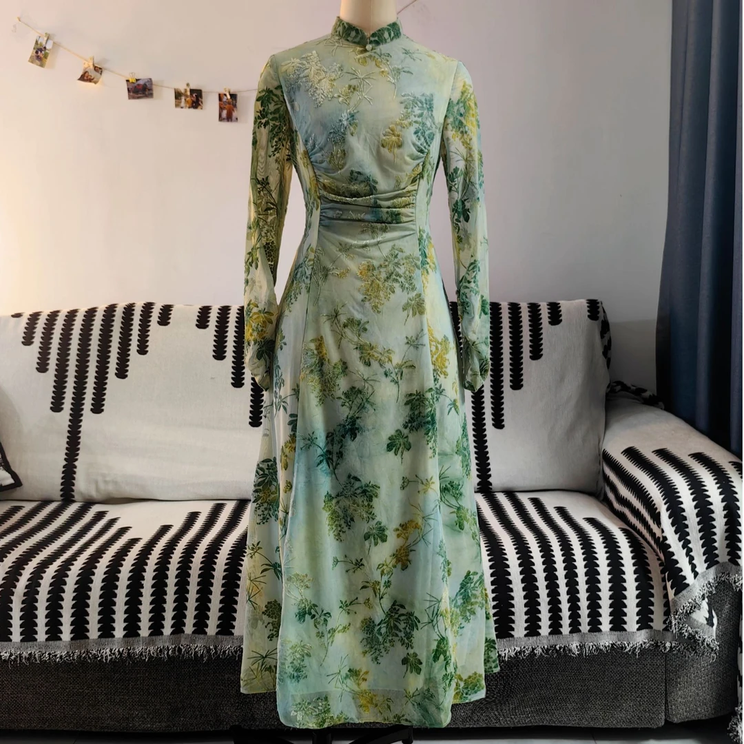 【多多】CIXU瓷叙 惜秋华 扎染植绒弹力修身中式旗袍连衣裙2531S27