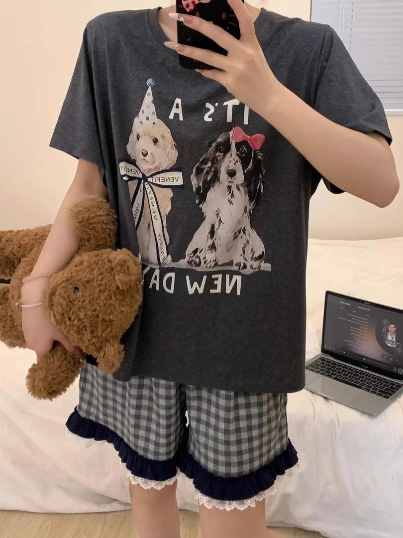 甜美小狗印花少女夏季短袖