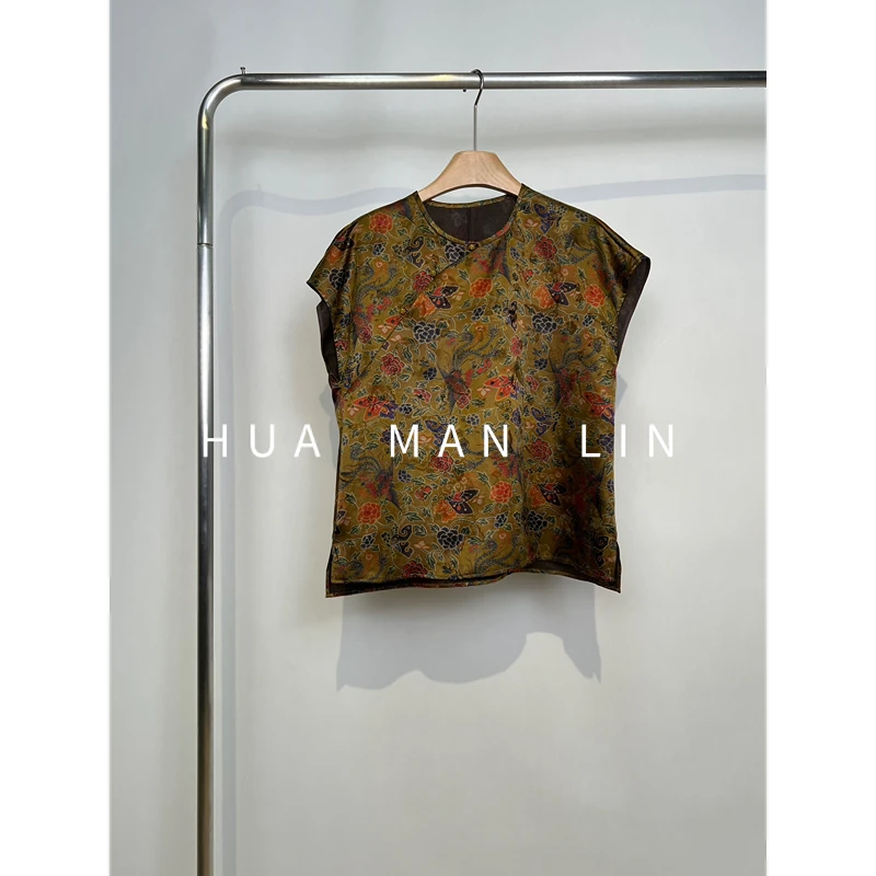 【花满林】圆领斜门襟玉石扣蝴蝶盖袖香云纱真丝桑蚕丝上衣259438