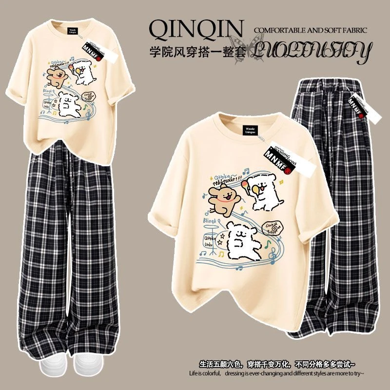 趣味洋气线条小狗印花夏季男女童套装纯棉短袖T恤格子阔腿裤时髦
